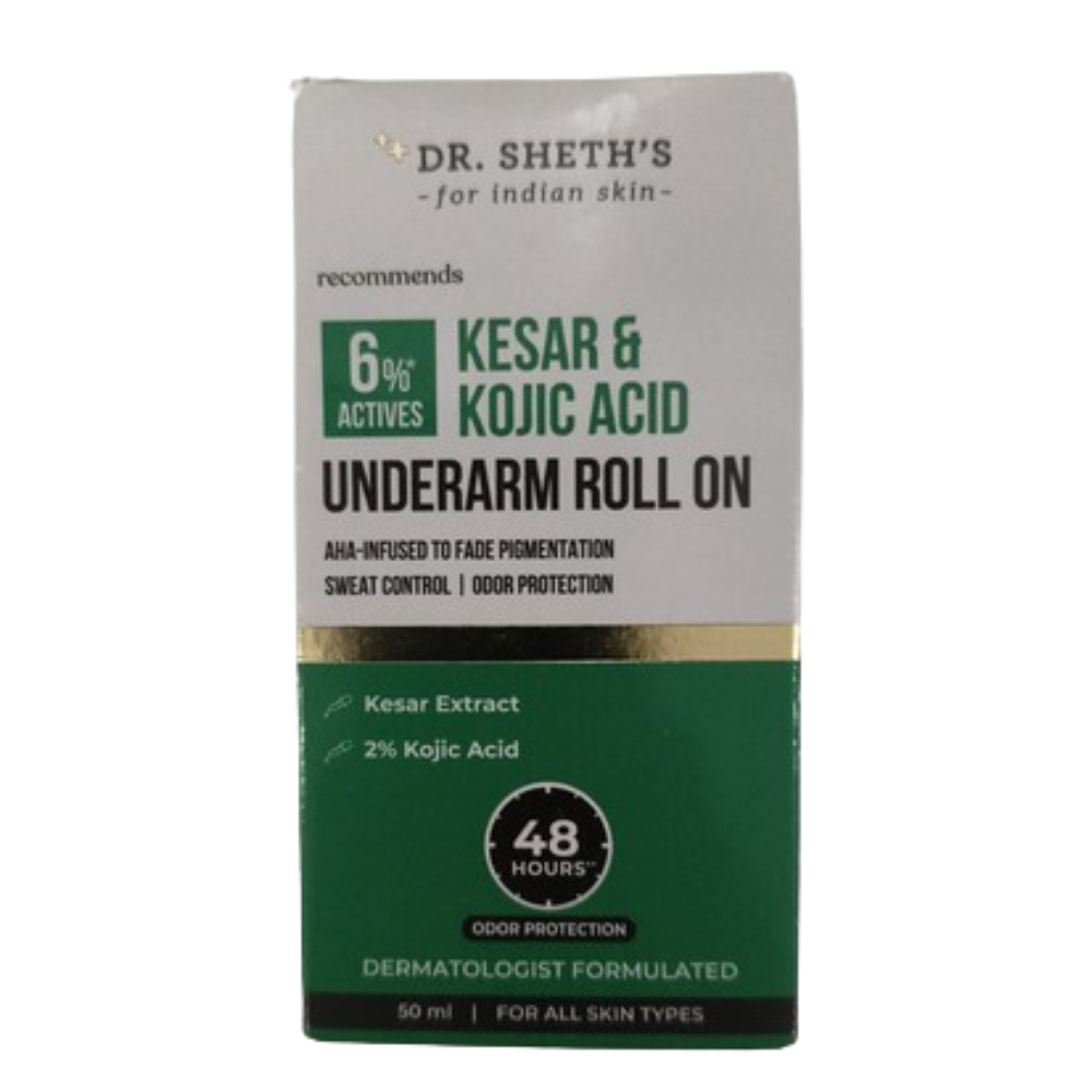Dr. Sheth's Kesar & Kojic Acid Underarm Roll-on in a clear container, showing the product with a roller ball for sweat and odor control.