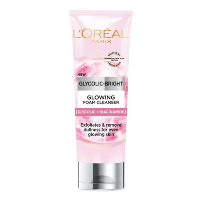 L'Oreal Paris sunscreen from Glycolic Acid Glowing and Protecting skincare regime kit, shown in a sleek tube with SPF protection.