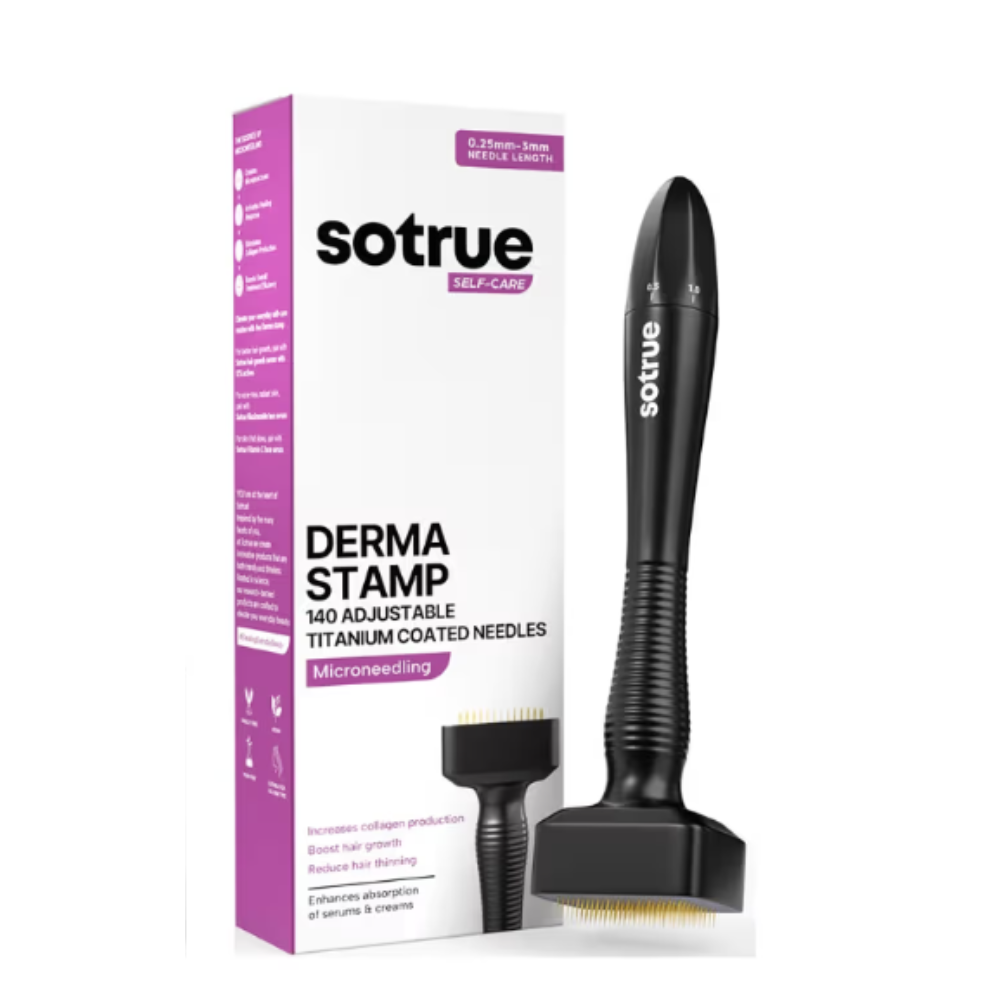 Sotrue Derma Stamp for Hair Growth with adjustable 0.25mm to 3mm needles, a face care tool for scalp and skin stimulation.