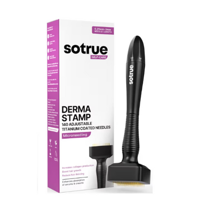 Sotrue Derma Stamp for Hair Growth with adjustable 0.25mm to 3mm needles, a face care tool for scalp and skin stimulation.