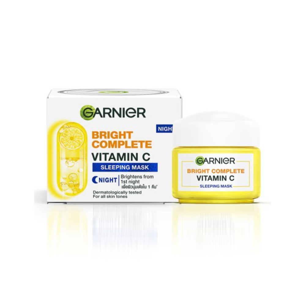 Garnier Bright Complete Vitamin C Yoghurt Night Cream jar, creamy texture, designed for brightening skin overnight.
