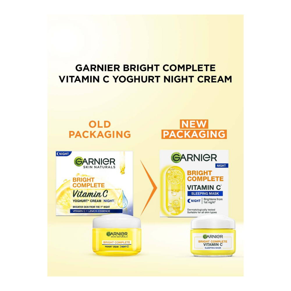 Garnier Bright Complete Vitamin C Yoghurt Night Cream jar with a white lid and label showing bright citrus imagery.