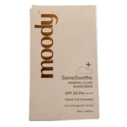 Moody SensiSoothe mineral brightening sunscreen serum with ceramides and rice, in a sleek pump bottle with a white and gold label.