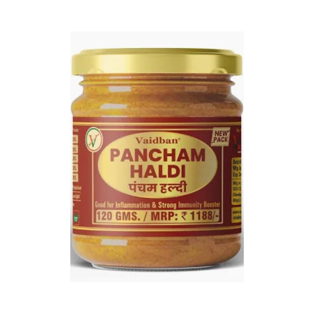 Vaidban Pancham Haldi organic turmeric powder in a clear glass jar, Ayurvedic powder with vibrant yellow color.