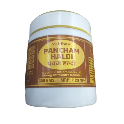 Vaidban organic Pancham Haldi turmeric powder in a clear container, highlighting its vibrant yellow color and Ayurvedic packaging