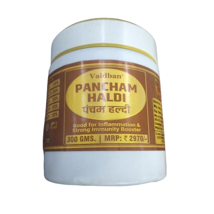 Vaidban organic Pancham Haldi turmeric powder in a clear container, highlighting its vibrant yellow color and Ayurvedic packaging