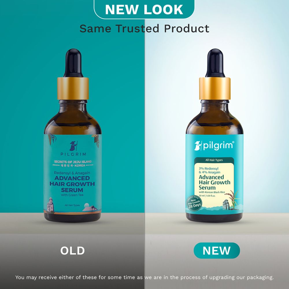 Pilgrim 3% Redensyl and 4% Anagain advanced hair growth serum with Korean black rice in a 50ml bottle.