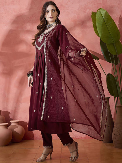 Indyancart SN Women's Floral Embroidered Pleated Sequinned A-Line Kurta With Trouser And Dupatta