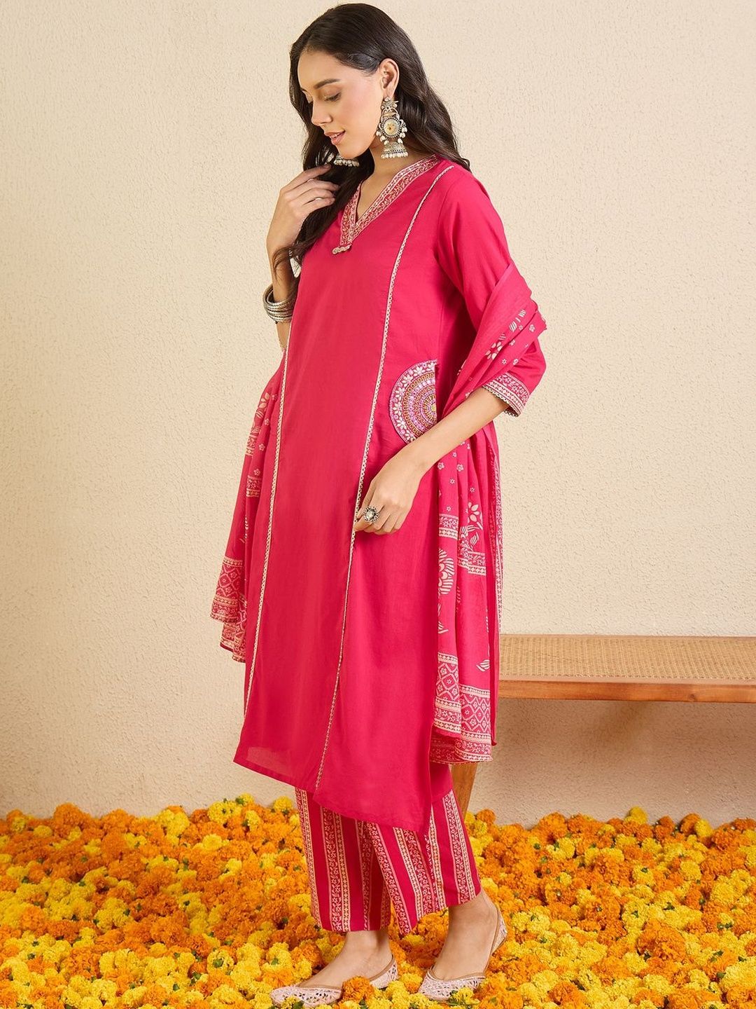 Women Ethnic Motifs Printed Regular Beads and Stones Pure Cotton Kurta with Trousers & With Dupatta