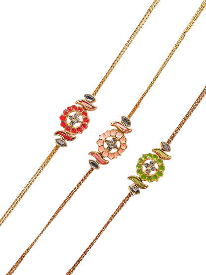 Anouk Set Of 3 Red Kundan-Studded & Beaded Rakhi With Roli Rice & Greeting Card