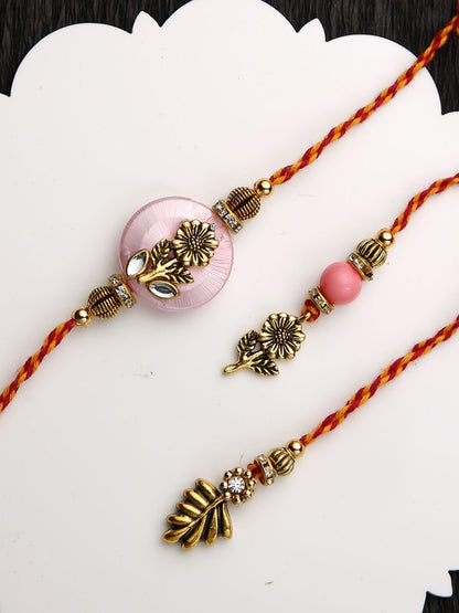 Anouk Pink Stone Studded & Beaded Floral Bhaiya Bhabhi Thread Rakhis With Roli Chawal