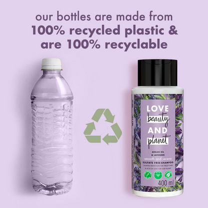 Love Beauty And Planet argan oil and lavender shampoo for dry, frizzy hair, sulfate-free hair care product.