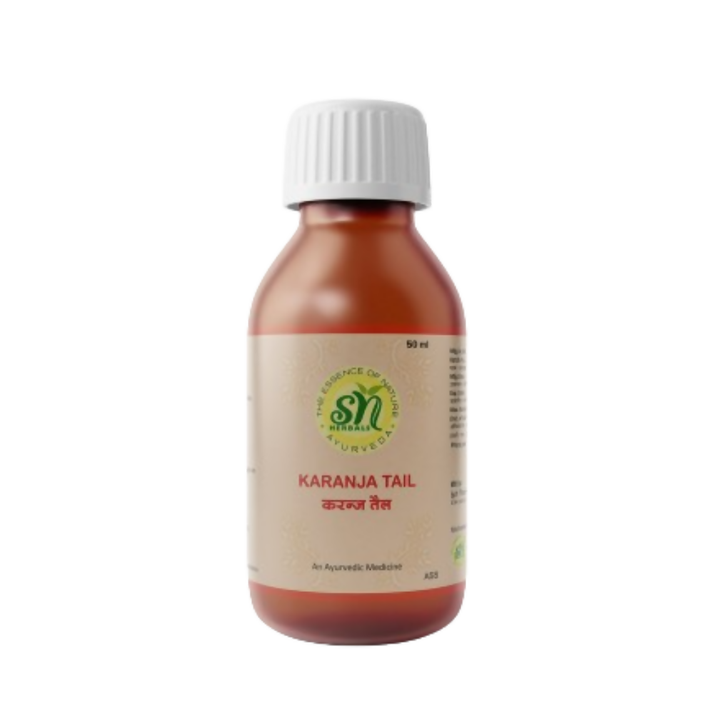 SN Herbals Karanj Thailam Ayurvedic oil in a glass bottle with a dropper, used for traditional herbal skin and hair care.