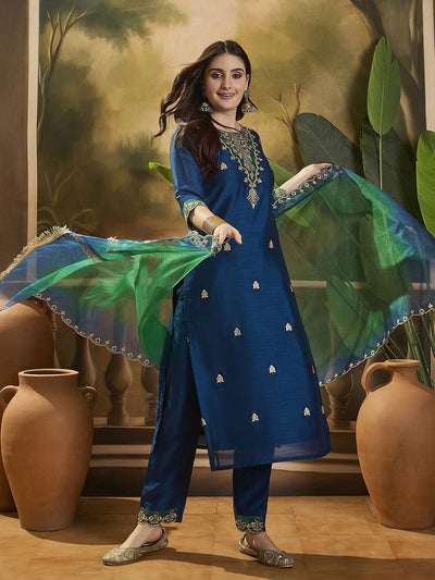 Indyancart SN Women's Embroidered Sequence Kurta Trousers with Dupatta