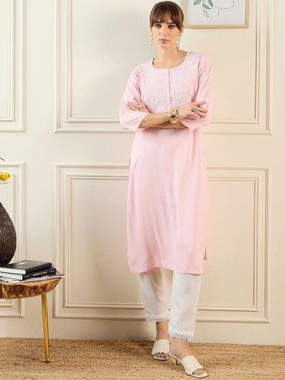 Indyancart IE Women Floral Embroidered Thread Work Floral Kurta