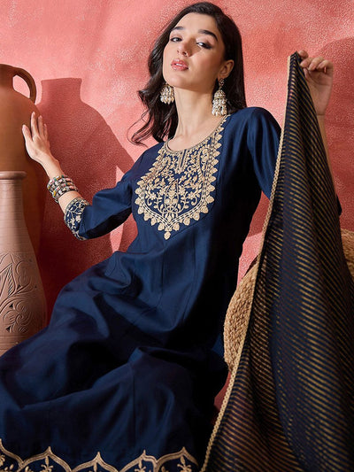 Indyancart SN Women's Floral Embroidered Kurta with Trousers & Dupatta