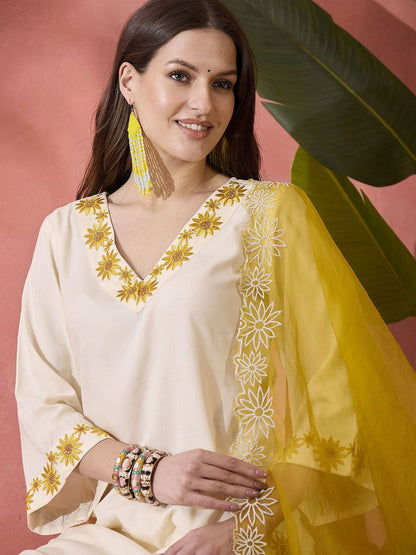Indyancart SN Women's Cream Floral Embroidered V-Neck Straight Kurta With Trouser And Dupatta