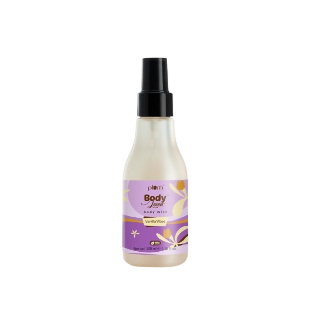 Plum BodyLovin Vanilla Vibes body mist bottle with a floral and vanilla scent, featuring a sleek design for skin and personal care.