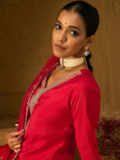 Indyancart IE Ethnic Motifs Embroidered V-Neck Straight Kurta With Trousers & Dupatta
