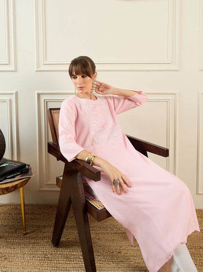 Indyancart IE Floral Yoke Design Round Neck Thread Work Straight Kurta