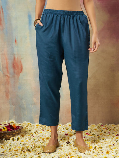 Indyancart VV Nritya Women Flared Kurta and Trousers Pant Set Cotton Silk Blend