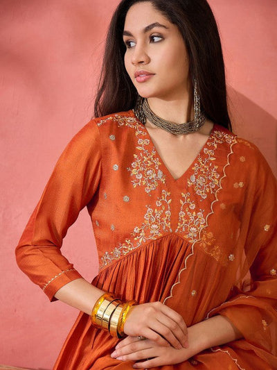 Women's Orange Floral Embroidered V-Neck A-Line Kurta With Trousers And Dupatta