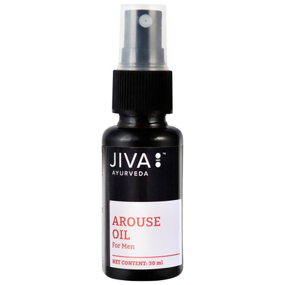 Jiva Ayurveda Arouse Oil bottle with dropper, Ayurvedic herbal oil for vitality and wellness in a glass bottle.