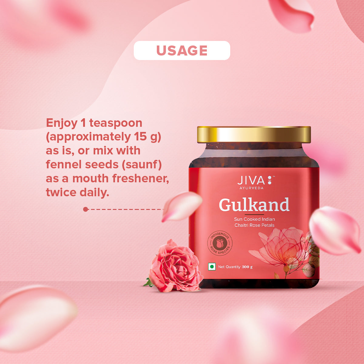 Jiva Ayurveda Gulkand - Sun-Cooked Indian Chaitri Rose Petal Preserve - Natural 300g (Pack of 1)
