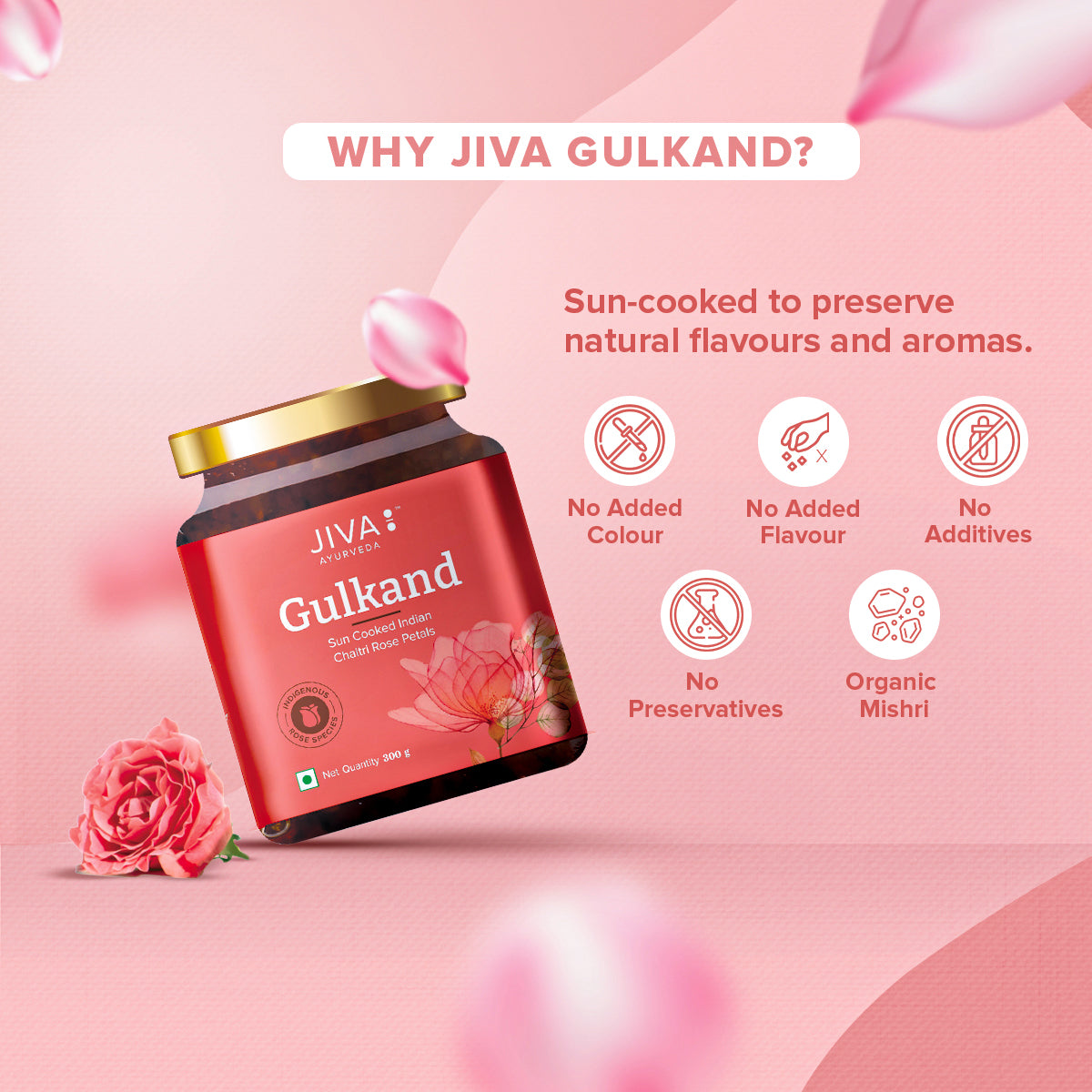 Jiva Ayurveda Gulkand - Sun-Cooked Indian Chaitri Rose Petal Preserve - Natural 300g (Pack of 1)