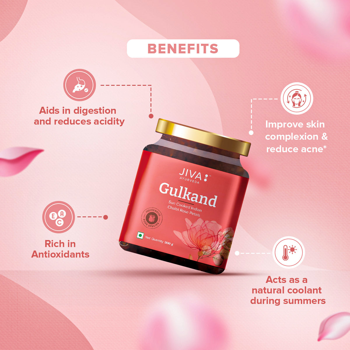 Jiva Ayurveda Gulkand - Sun-Cooked Indian Chaitri Rose Petal Preserve - Natural 300g (Pack of 1)