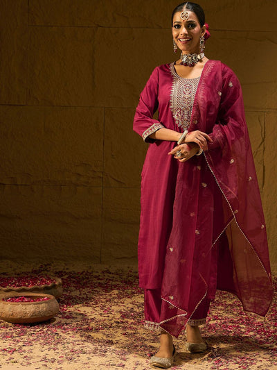 Dhiyona IE Maroon Ethnic Motifs Embroidered Straight Zari Kurta With Trousers & Dupatta