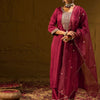 Indyancart IE Maroon Ethnic Motifs Embroidered Straight Zari Kurta With Trousers & Dupatta
