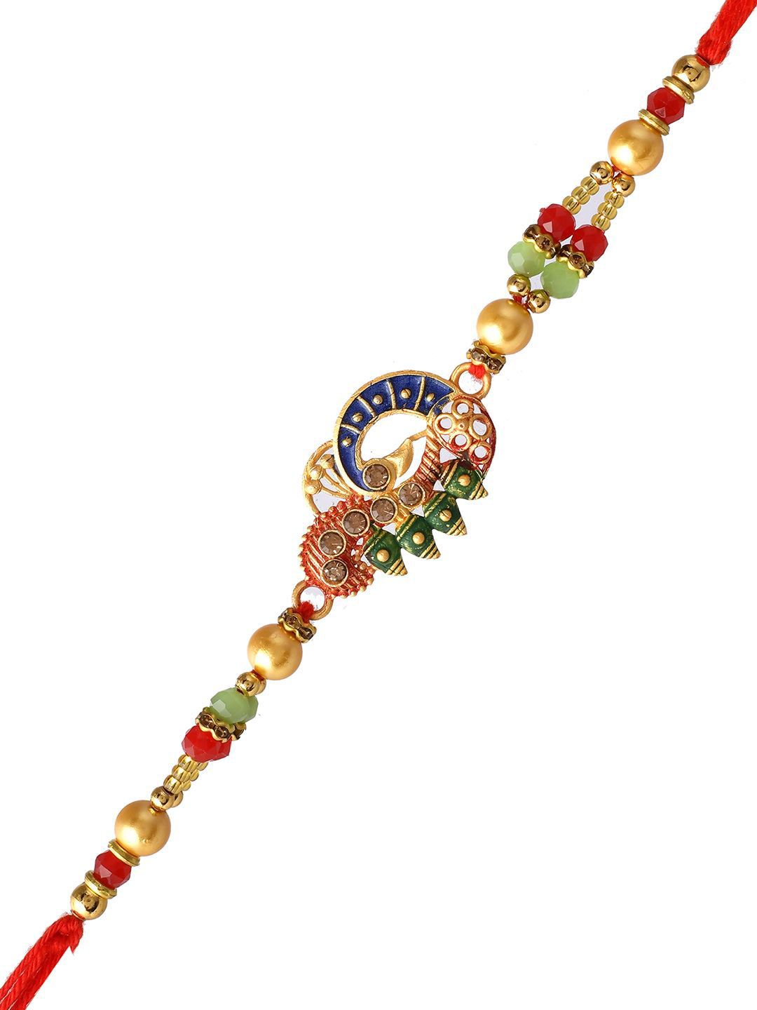 Anouk Red Stone Studded & Beaded Thread Rakhi With Roli Chawal & Greeting Card