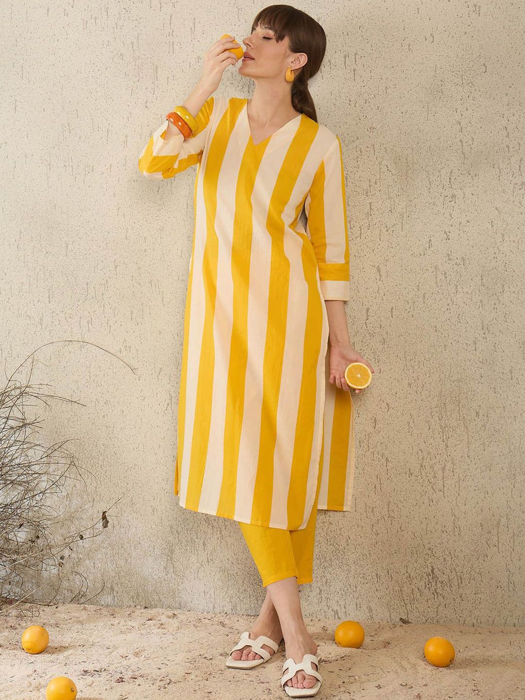 Women Striped Pure Cotton Straight Kurta with Trouser