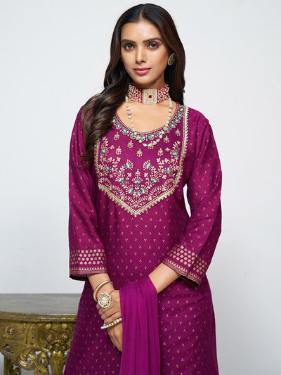 Indyancart SN Women's Embroidered Round Neck Straight Kurta & Sharara With Dupatta