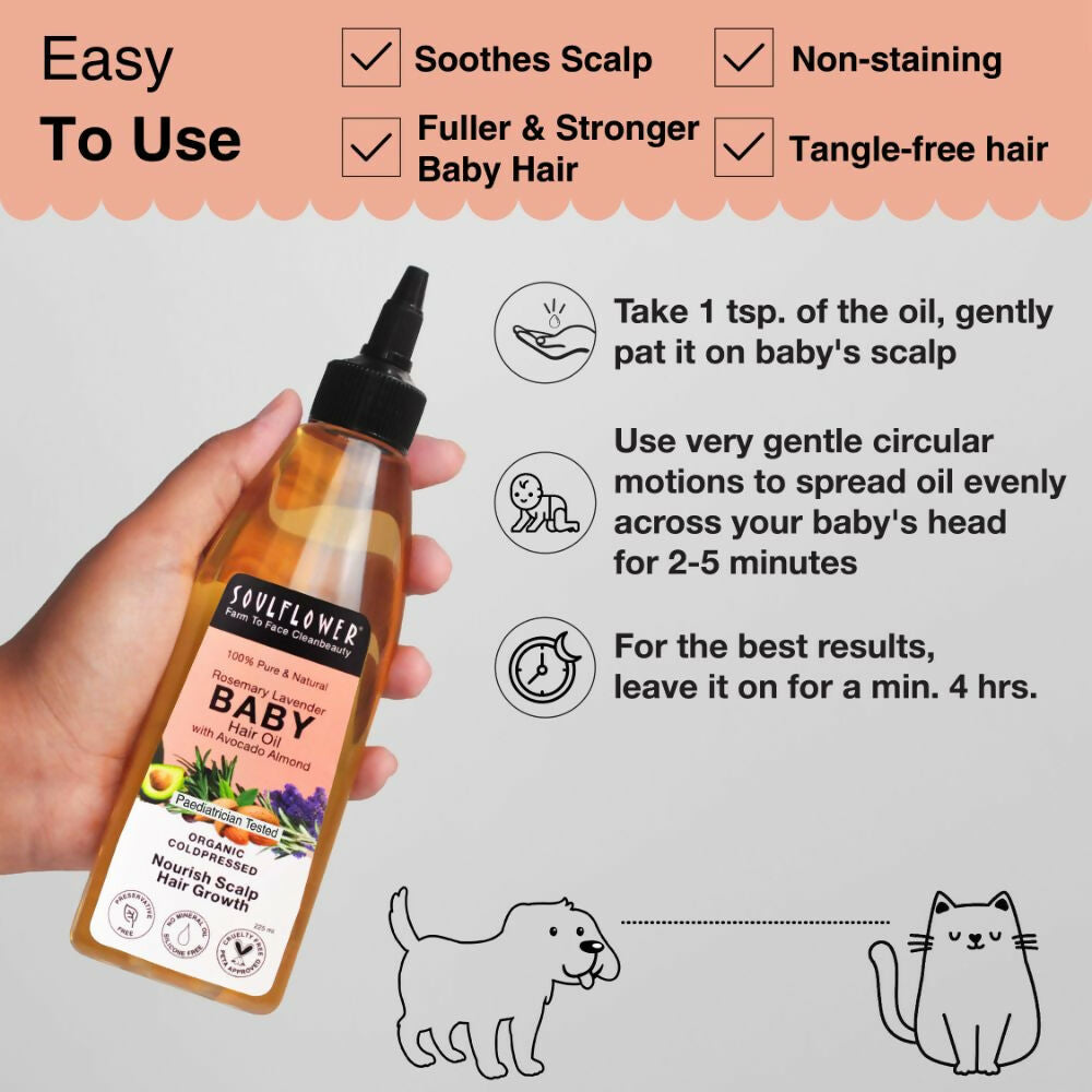 Soulflower Rosemary Lavender Baby Hair Oil bottle with a dropper, showing the natural, gentle formula for babies' hair and scalp care.