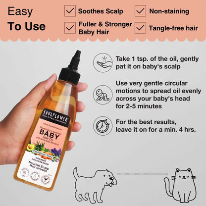 Soulflower Rosemary Lavender Baby Hair Oil bottle with a dropper, showing the natural, gentle formula for babies' hair and scalp care.