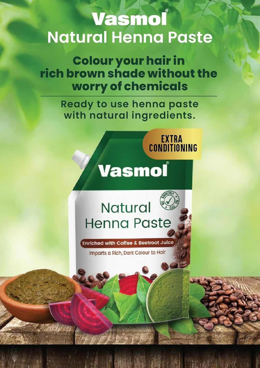 Vasmol Natural Henna Paste ready to use for hair coloring, showcasing a bowl of rich, reddish henna paste with fresh henna leaves.