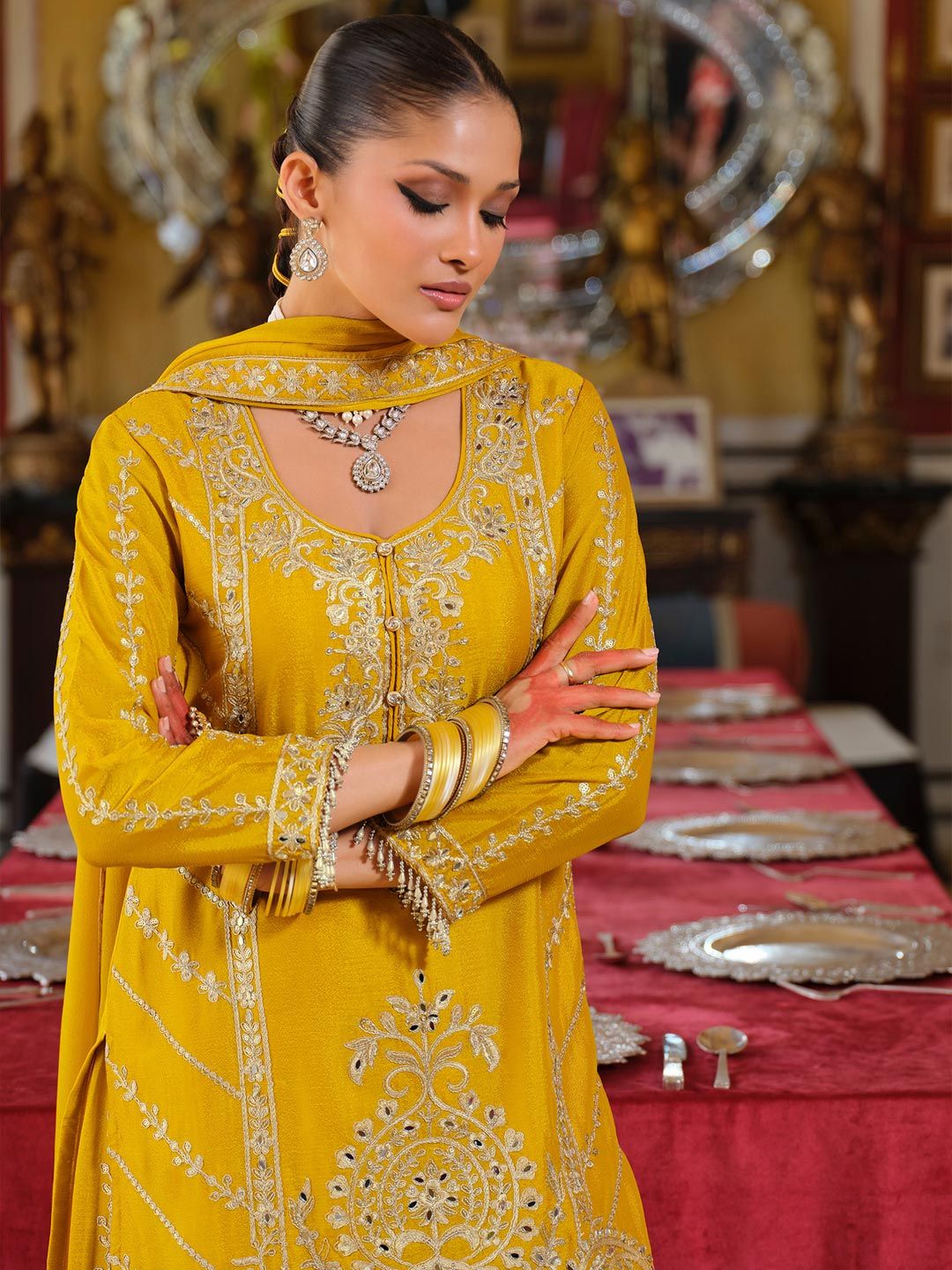 Ethnic Motifs Embroidered Straight Mirror Work Kurta With Palazzos & Dupatta