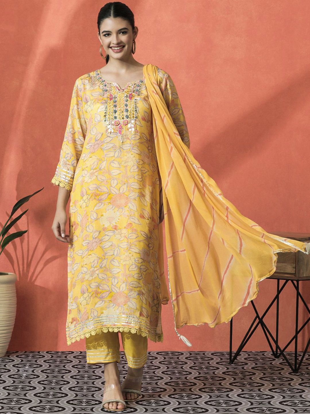 Indyancart SN Women's Floral Embroidered V-Neck Mirror Work Cotton Straight Kurta With Trouser & Dupatta