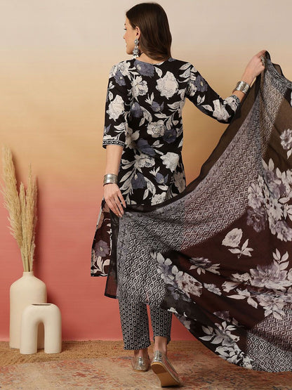 Indyancart SN Women's Floral Printed Adda Work Cotton Kurta With Trouser & Dupatta