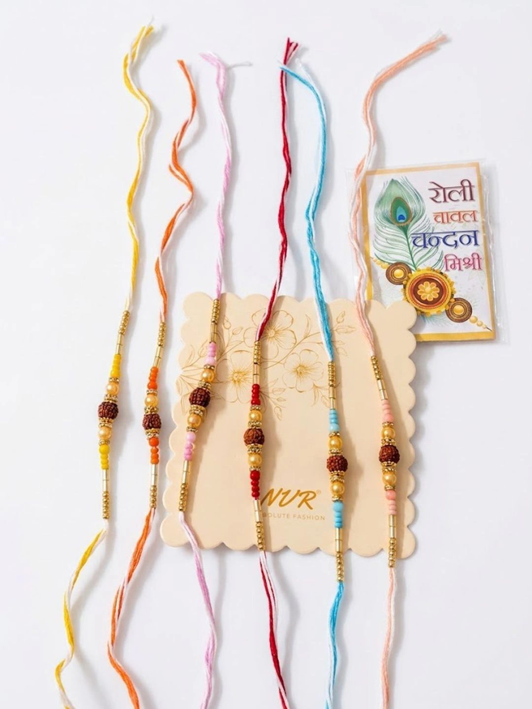 Anouk Set Of 6 Rudraksh & Artificial Beads Thread Rakhi With Roli Chawal Chandan Mishri