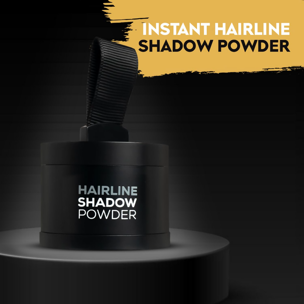 Black Gleva Hairline Powder for men and women, instantly conceals hair roots and touch-ups, natural hair color appearance.