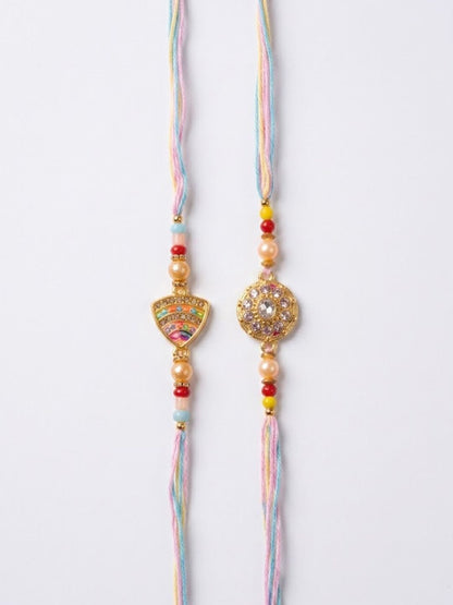 Anouk Set Of 2 Gold Toned Artificial Stones & Beads Thread Rakhi With Roli Chawal Chandan