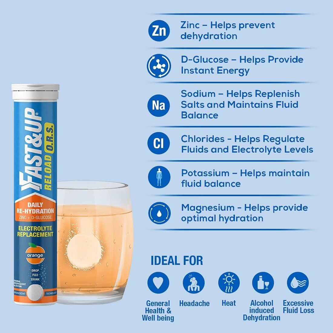 Fast&Up Reload O.R.S effervescent electrolyte tablets in orange flavor, showing the vibrant tablets in a clear container.