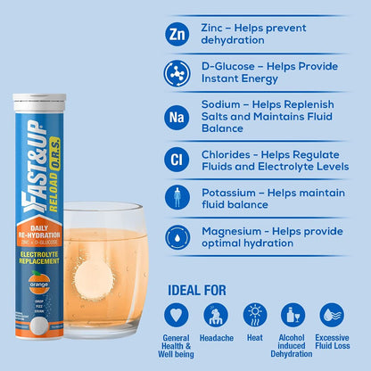 Fast&Up Reload O.R.S effervescent electrolyte tablets in orange flavor, showing the vibrant tablets in a clear container.