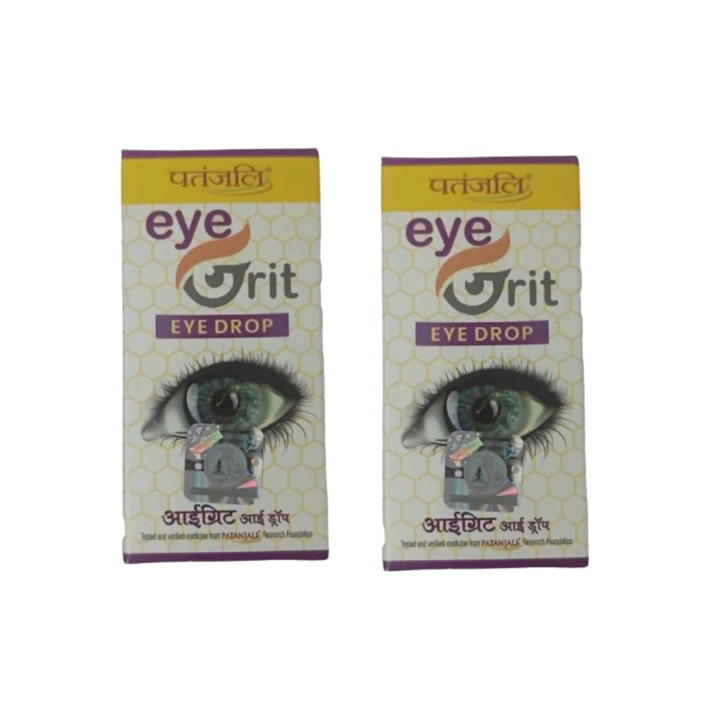 Patanjali Divya Eyegrit Ayurvedic eye drops bottle with label and dropper cap on a white background.