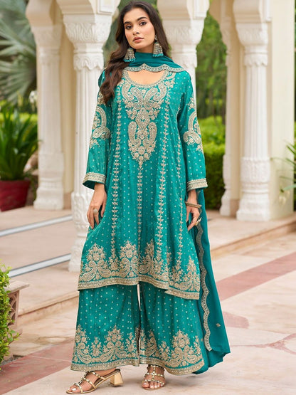 Indyancart IE Women Ethnic Motifs Embroidered Regular Thread Work Kurta with Sharara & With Dupatta