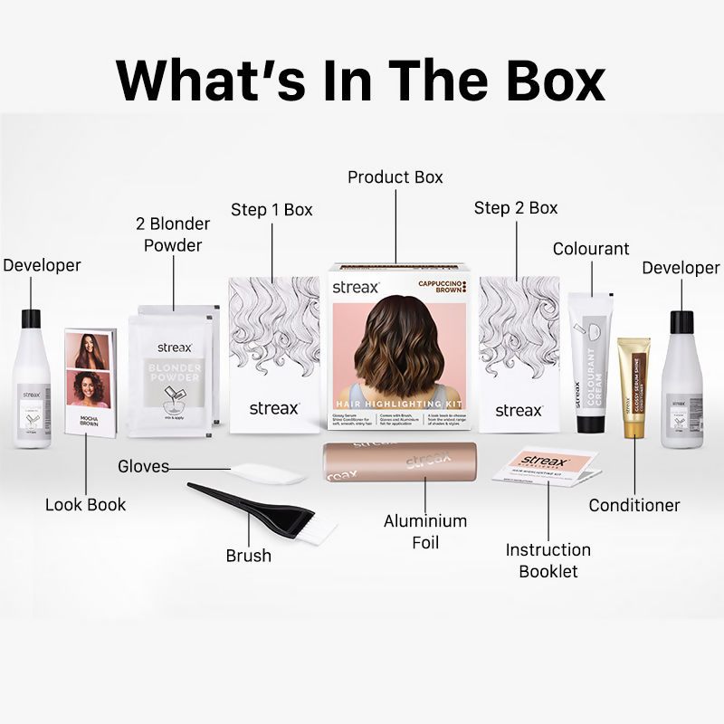 Streax Professional Cappuccino Brown hair color highlighting kit with applicator and gloves for hair coloring and highlighting.
