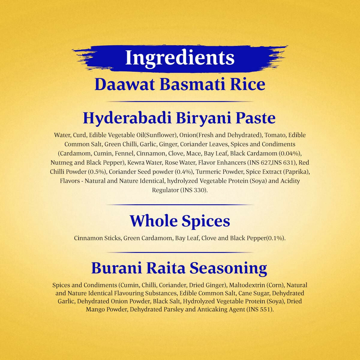 Daawat Hyderabadi Biryani Kit with authentic biryani masala and spices in a colorful package.